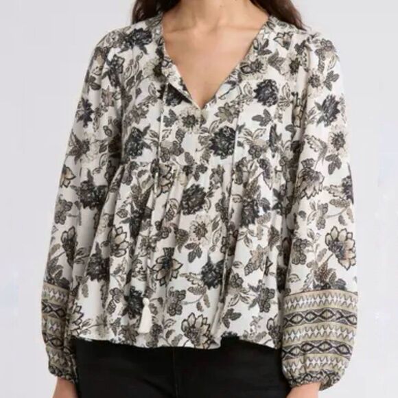 Lucky Brand Shirt Womens XL Natural Border Split Neck BabyDoll Floral Boho - Picture 1 of 12